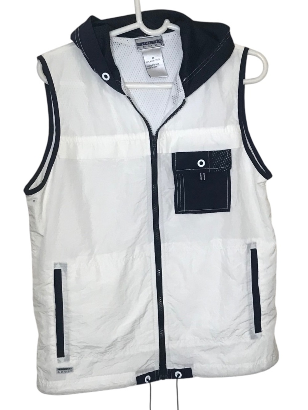 Finlha Sport Hooded Zip Vest Womens  White Navy Sleeveless Nylon Windbreaker